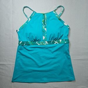 Lands End Tankini‎ Swim Top Teal Tropical Leaf Print Halter Neck Size 6